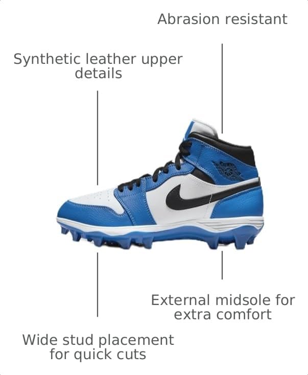 Image of Nike Jordan 1 Mid TD Men's Football Cleat (FJ6805-104, White /Royal /Black) Size 9.5