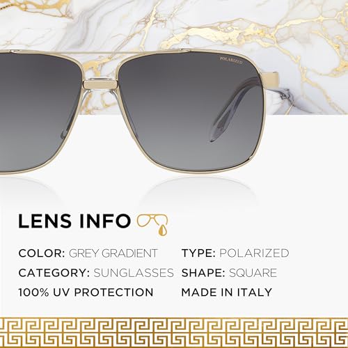 Versace VE2174 59mm Non-Polarized Square Sunglasses for Men – Pale Gold Metal Frame with Crystal Temples, 100% UV Protection, Lightweight & Comfortable Sunglasses, eShades Eyewear Kit Included4