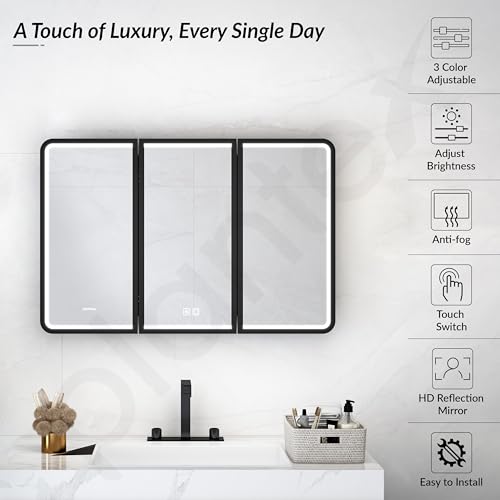 Image of Plantex 304 Stainless Steel Bathroom Cabinet with Mirror /LED Mirror Cabinet for Wall /Triple Door Bathroom Cabinet Storage /Bathroom Organiser Cabinet (36X24 Inch- Defogger /Black)