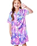 Sylfairy Girls Silk Nightgown Kids Satin Pajamas Short Sleeve Button Down Nightshirt Blue Unicorn Sleepwear Night Dress size 9-10