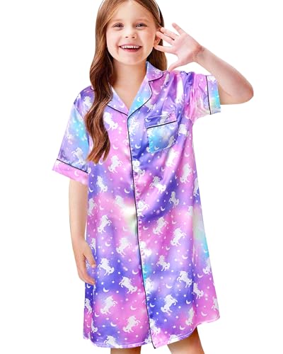 Sylfairy Girls Silk Nightgown Kids Satin Pajamas Short Sleeve Button Down Nightshirt Sleepwear Night Dress size 4-10