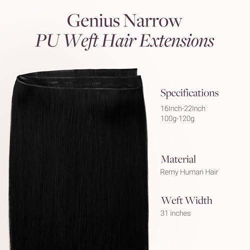Image of GOO GOO Genius Narrow Edge PU Weft Hair Extensions Human Hair, Invisible Sew in Hair Extensions Human Hair, 1 Jet Black 18 Inch 100g, Seamless Soft Lightweight