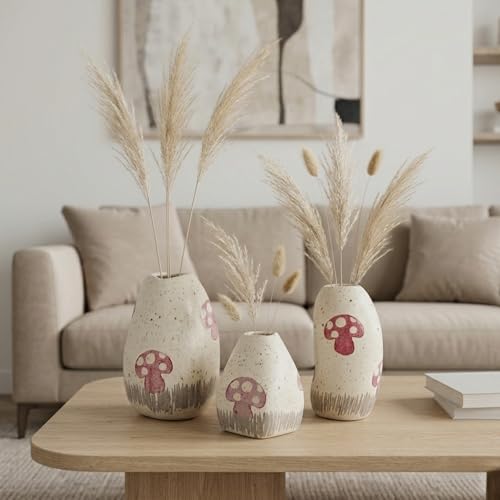 Image of KREATIVE ART'S Handcrafted Ceramic Vase Set of 3 - Pebble Vases for Home Decor, Living Room, Kitchen & Gifting - Speckled Off-White & Red Stoneware - 7 inch, 6 inch, 4 inch Height.