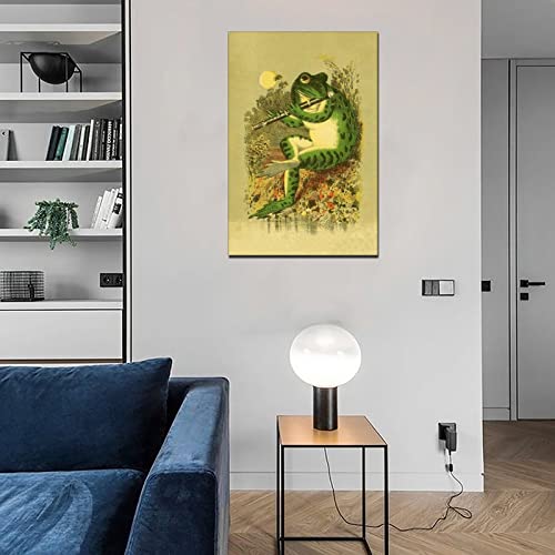 Walldeer Art Banjo Frog Poster Vintage Animal In The Moonlight Wall Art Canvas Painting Creativity Prints Picture For Living Room (Frog Playing Flute,16X24Inch-Unframe) #TOP2