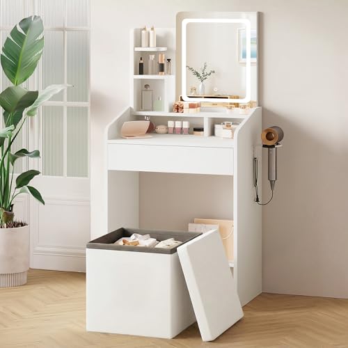 Image of LIVELYGLOW 24 inch White Small Vanity Set with Lighted Mirror & Storage Stool | Smart LED Mirror, Charging Station, Hairdryer Rack, Space-Saving