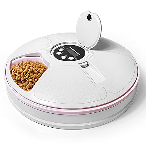 Lunalazeo Automatic Pet Feeder, 6 Meal for Cats and Small Dogs, with Digital Timer, Voice Prompt and LCD Display, Dry Wet Food Dispenser (Pink)