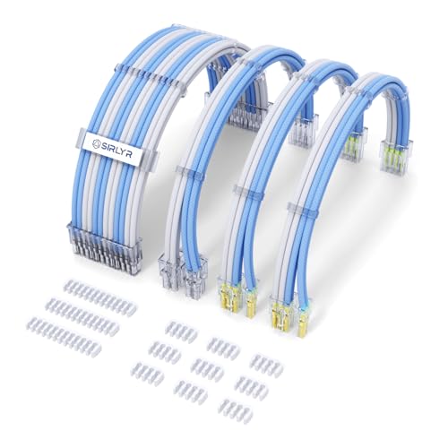 Sirlyr PSU Cable Extension,Customed Pre-Bend PC Power Supply Cable,1x 24 Pin ATX / 1x 8 (4+4) Pin EPS/Longer 2X 8 (6+2) Gold-Plated Pin Pcie,Nylon Sleeved Blue White,4 Kits