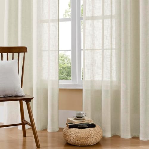 Image of Joydeco Semi Sheer Curtains for Living Room, Linen Curtains 108 Inch Length 2 Panels Set for Bedroom ,White Curtains 108 Inches Long Rod Pockets Back Tab (108 inch L x 100 inch W)