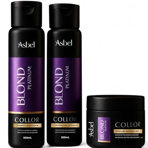 Kit Shampoo Matizador Blond Platinum Asbel – Shampoo 300ml + Condicionador 300ml + Máscara 300g – Efeito Platinado