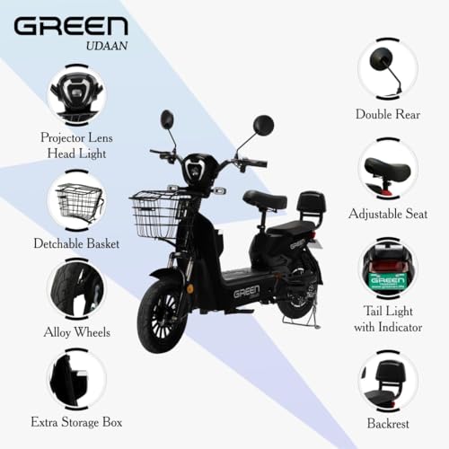 Image of Green Udaan Low Speed Electric Scooter Non RTO 80KM Range Lithium Battery with Portable Charger (Black)