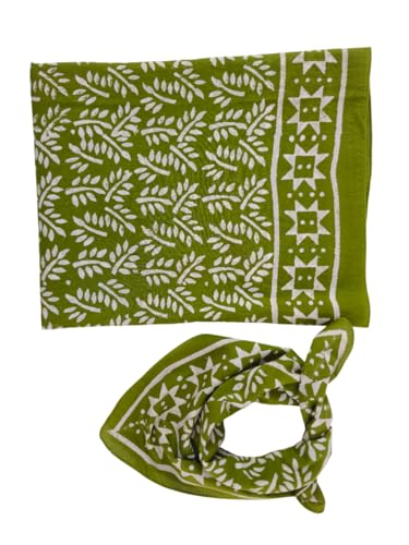 Moss Green Sarong With Bandana Mini Scarf Handblock Printed Floral Design Pure cotton Pareo for women Cover ups Gift For Her Handmade Indian3