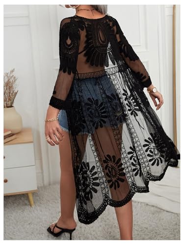 SOLY HUX Swim Cover Up for Women Sheer Mesh Embroidery 3/4 Sleeve Open Tie Front Kimono Swimsuit2