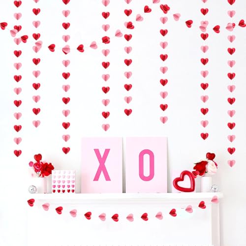 Image of Galentines Party-Decorations Valentines-Day 3D-Heart Garland - 40ft Red Pink Streamers Paper Banner, Proposal Anniversary Romantic Birthday Baby Shower Rustic Wedding Hanging Ornaments Decor Hugfond