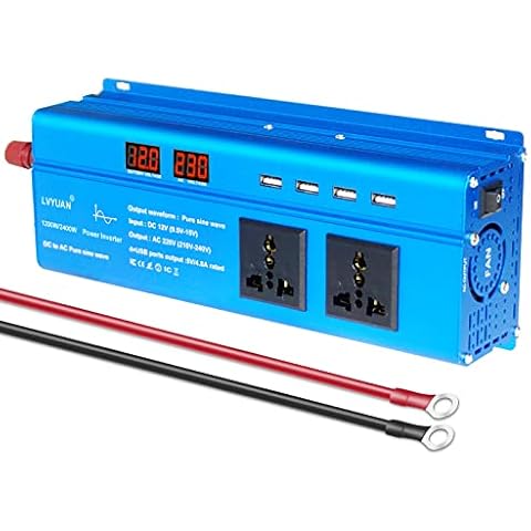 Cantonape Pure Sine Wave Power Inverter 1300W/2500W DC 12V to AC 230V 240V Car Converter with LCD Display , 2AC Outlets And 4 Usb Port for motorhomes, Truck, Boat, Camping, Household, Van Cover