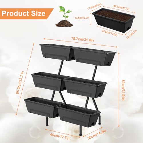 Raised Garden Beds with 6 Garden Planter Boxes Indoor Outdoor Vertical Raised Bed for Gardening Standing Planter Box with Legs, 3 Tier Elevated Herbs Flowers Garden Planter for Patio, Balcony, Gray - Image 3