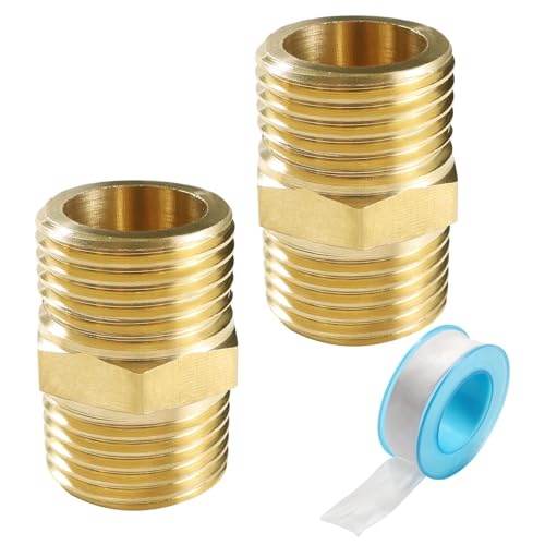 Lyeteung 2 Piezas Recto de Latón G1/2 Macho a G1/2 Macho, Pezón Hexagonal Conector de Latón, con Cinta de Plomero, para Conversión de Conexión de Tubería