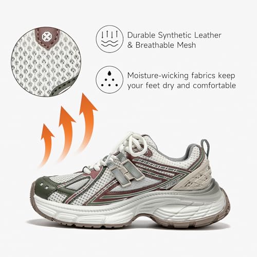 Image of BEAU TODAY Chunky Sneakers for Women, Womens Fashion Sneakers, Lightweight Leather Sneakers for Women, Comfortable Casual Lace-Up Breathable Dad Shoes