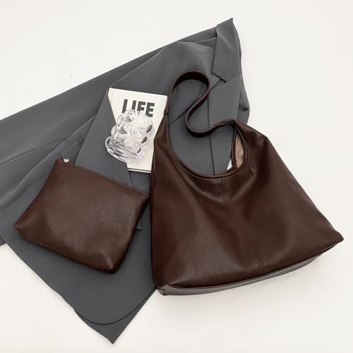 Image of Leather Hobo Bags for Women Slouchy Tote Bag Retro PU Leather Purse Soft Shoulder Handbags Large Work Tote Bag 2pcs