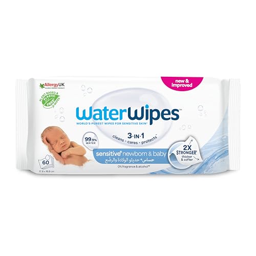 Image of WaterWipes Baby Wipes (Imported-Ireland) 1 pack (60 wipes), Plastic-Free Original World's purest Unscented, Made in Ireland, 99.9% Water Based Wipes, Unscented for Sensitive Skin, Certified by Allergy UK, National Eczema association, and Vegan Society