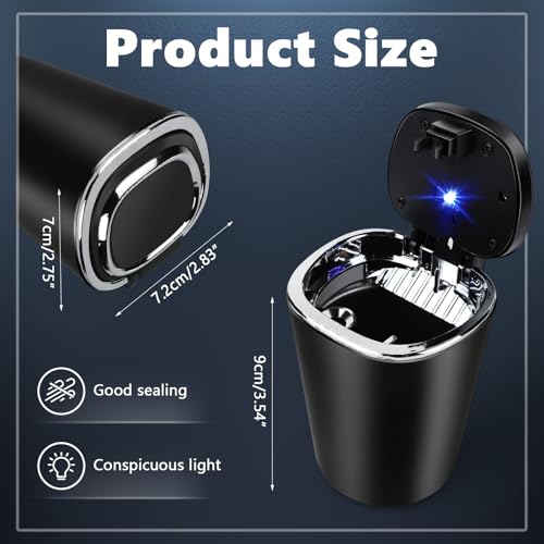 Image of Car Ashtray with Lid, Smell Proof Mini Car Trash Can, Detachable Stainless Steel Ashtray with LED Blue Light, Universal Interior Accessories for Cars, Trucks, SUVs