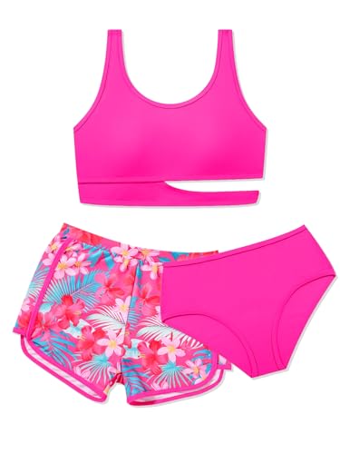 Image of Girls Swimsuit 3 Piece High Waist Sport Bathing Suit Quick Dry Bikini Tankini Sets with Shorts for 7-16