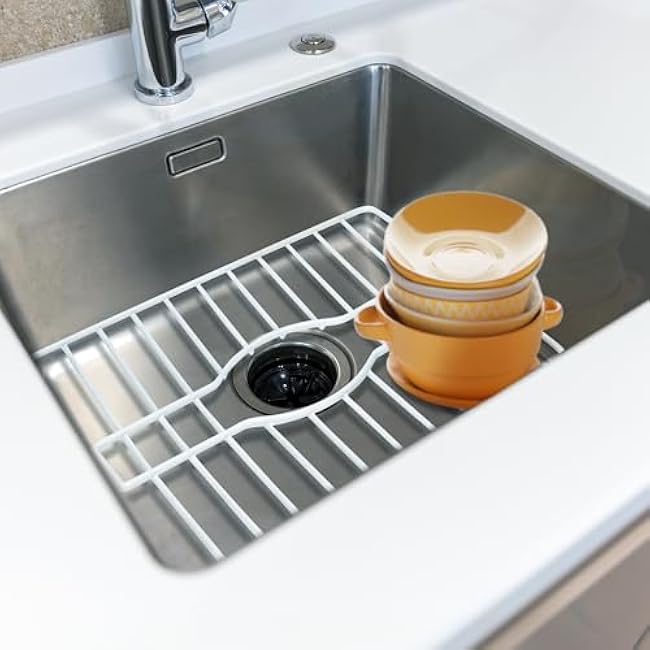 DecorRack Sink Protector for Kitchen Sink, 12 x 10 Metal Dish Drying Rack, Sink Grate with Center Drain, Protects from Stains, Scratches, Dishwasher Safe, Standard Size (1 Pack, White)