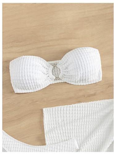 MakeMeChic Women's Bikini Sets Textured Ring Linked Bandeau Backless High Cut Swimsuit4