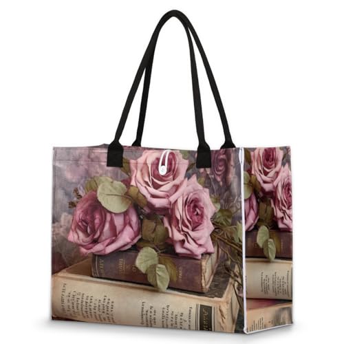 Art Rose Books Tote Bag for Women Large Beach Bag Reusable Tote Bags for Work Travel Beach Shopping
