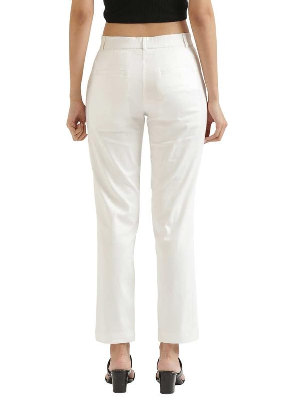 Image of SAADAA Women Pants Formal Straight Fit Cotton Satin Lycra Pant, Regular Fit Trouser for Office Work & Casual wear- Mid Rise, Elasticated Waistband, 4 Deep Pockets