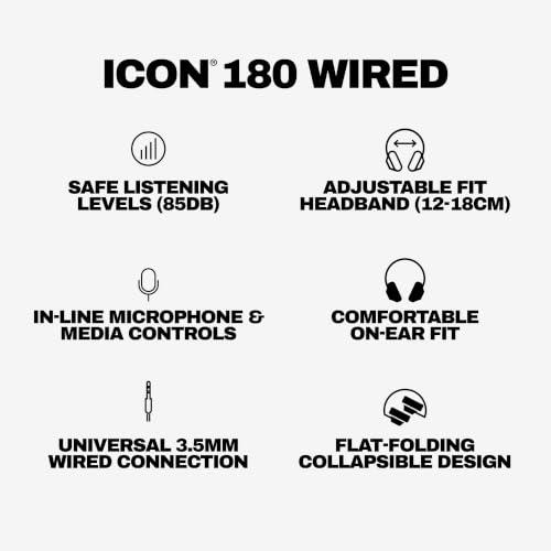 Skullcandy Icon 180 Wired On-Ear Headphones - Black | Built-In 85dB Volume Limiter, Comfortable, Adjustable Headband, Convenient for Travel with 3.5mm AUX Plug, In-Line Microphone - image 8