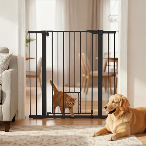 Image of Mumeasy 36" High Extra Tall Baby Gate with Cat Door, 29.6"-40.5" Wide Pressure Mounted Dog Gate with Small Pet Door, Auto Close Pet Gate for House,Stairs,Doorways,Black