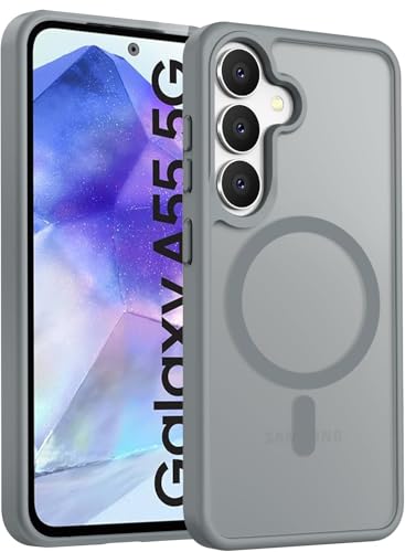Image of Elzzi Magnetic Magsafe Designed for Samsung A55 5G Case Translucent Matte Hard PC + TPU Back Cover [Compatible with MagSafe] Phone Case (Gray)
