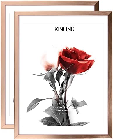 KINLINK 12x16 Picture Frames Rose Gold, Photo Frames with Plexiglass for Picture 11x14 with Mat or 12x16 without Mat, Composite Wood Picture Frames for Table Top and Wall Mounting - Set of 2