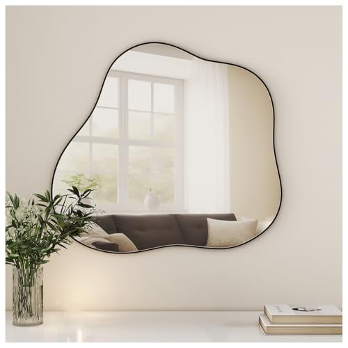 BSKJMMP Espejo grande irregular de metal asimétrico decorativo para pared, 29.5 x 31.5 pulgadas, único para baño, dormitorio, sala de estar, guardarropa, entrada