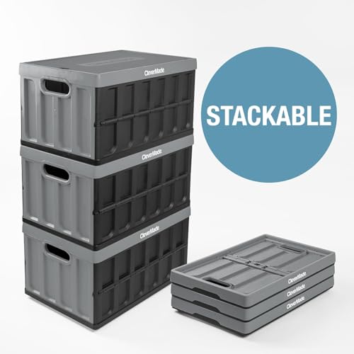 Image of CleverMade Collapsible Storage Bins with Lids, 46L, 3 Pack, Stone | Each bin supports 75 lb and stacks with or without its lid. The lid stores underneath, and the crate folds to 2.5 inches.