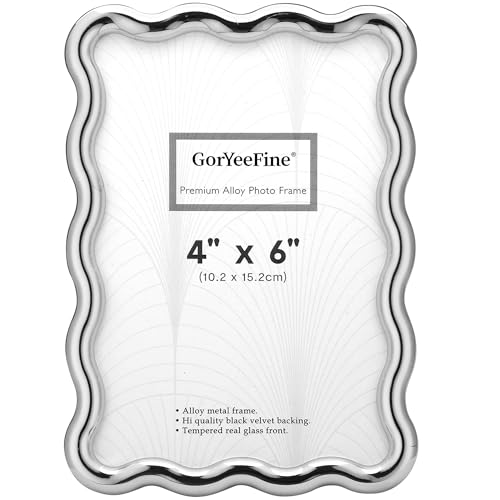GorYeeFine 4x6 Silver Heavy Duty Photo Frame Wave Design High-End Zinc Alloy Picture Frames 6x4 Fashionable Style frame with Velvet Back for Desktop and Wall Hanging.