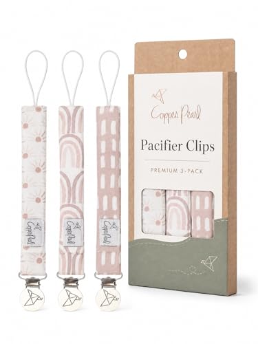Image of Copper Pearl Pacifier Clip 3-Pack: Premium Knit Binky Holders for Baby Girls and Boys - Stylish Stainless Steel Pacifier Accessory - Prevents Floor Drops - Bliss