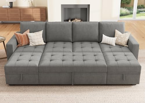 Image of HONBAY Modular Sectional Sleeper Sofa with Pull Out Bed,U Shaped Couch with Storage Seat,Sectional Couches for Living Room,Warm Grey