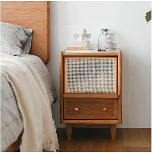 Table de chevet en rotin bois de cerisier table de nuit 2 tiroirs rangement chambre 35cm