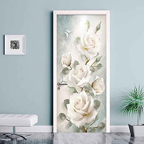 CBWRAW 3D Türtapete Fototapete Selbstklebend Türposter Abnehmbar PVC Fototapete Türfolie Weiße Rosenblüte Muster Türaufkleber Für Wohnzimmer Erwachsene Kind Schlafzimmer Küche 77x200cm Cover