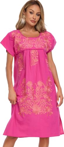 Image of YZXDORWJ Women Mexican Embroidered Long Dress Ruffle Collar Maxi Boho Floral Summer Short Sleeve