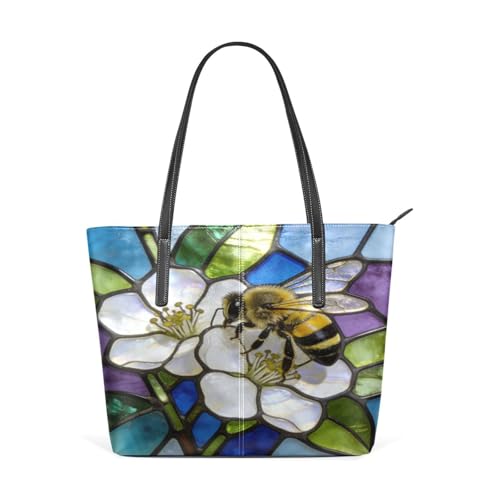 Loancwa Women's Tote Bag,Stained Glass Bee & PU Leather Handbag,