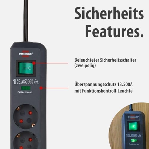 Brennenstuhl Eco-Line Steckdosenleiste 6-Fach mit &Uuml;berspannungsschutz (Mehrfachsteckdose mit erh&ouml;htem Ber&uuml;hrungsschutz, Schalter und 1,5m Kabel) anthrazit