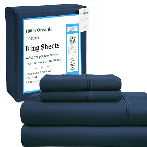 CHATEAU Organic Cotton King Sheets Set, Deep Pocket, Navy