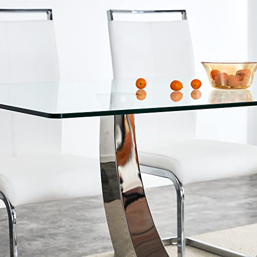Pvillez Glass Dining Table For 6 People, 62.8" Modern Kitchen Dining Room Table, Rectangle Dinner Table With Tempered Glass Tabletop And Stainless Steel Frame, Pedestal Table For Dining Room, Kitchen #TOP3