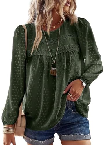 TUUHAW Langarmshirt Damen Boho Bluse Elegant Rundhals Top Oberteile | Tops für Damen, Tunika Bluse Elegant, T Shirt Süß, Spitze Fließend, Oberteile Lässig Outfits, Frühling Herbst