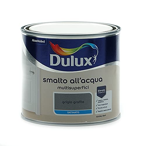 Dulux Smalto Satinato all'Acqua per Metallo Plastica e Legno Pronto all'Uso per Esterni e Interni, 0.5 Litri, Grigio Grafite