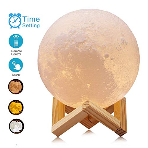 3D Printed Moon Lamp LED Night Light Luna Desk Lamp Three Colors Touch Dimming USB Rechargeable Timer Baby Lamp with Remote Control, Christmas Gifts Kid Bedroom Decor Lights 5.9Inch (15cm)