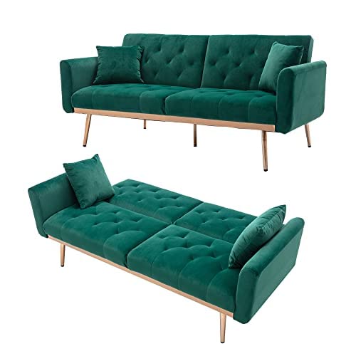 Nosga Velvet Sofa Bed Convertible Sleeper Sofa, Modern Tufted Sofa Bed With 2 Throw Pillow, Adjustable Folding Accent Sofa Rose Gold Metal Feet For Living Room Bedroom (Green) #TOP13