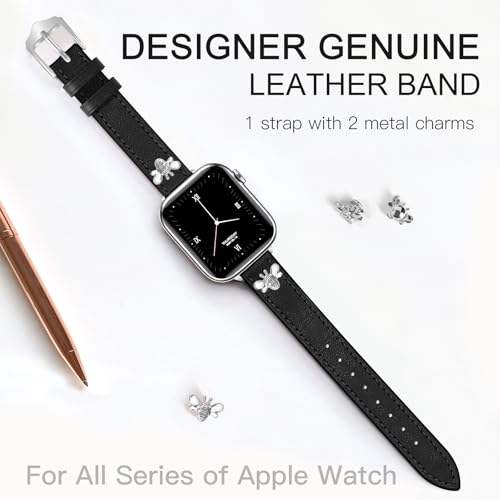 Image of JR.DM Slim Leather Bands Compatible with Apple Watch Band 38mm 40mm 41mm 42mm 44mm 45mm 46mm 49mm, Genuine Leather Band with Charms, Feminine Design for Iwatch Ultra SE Series 11 10 9 8 7 6 5 4 3 2 1